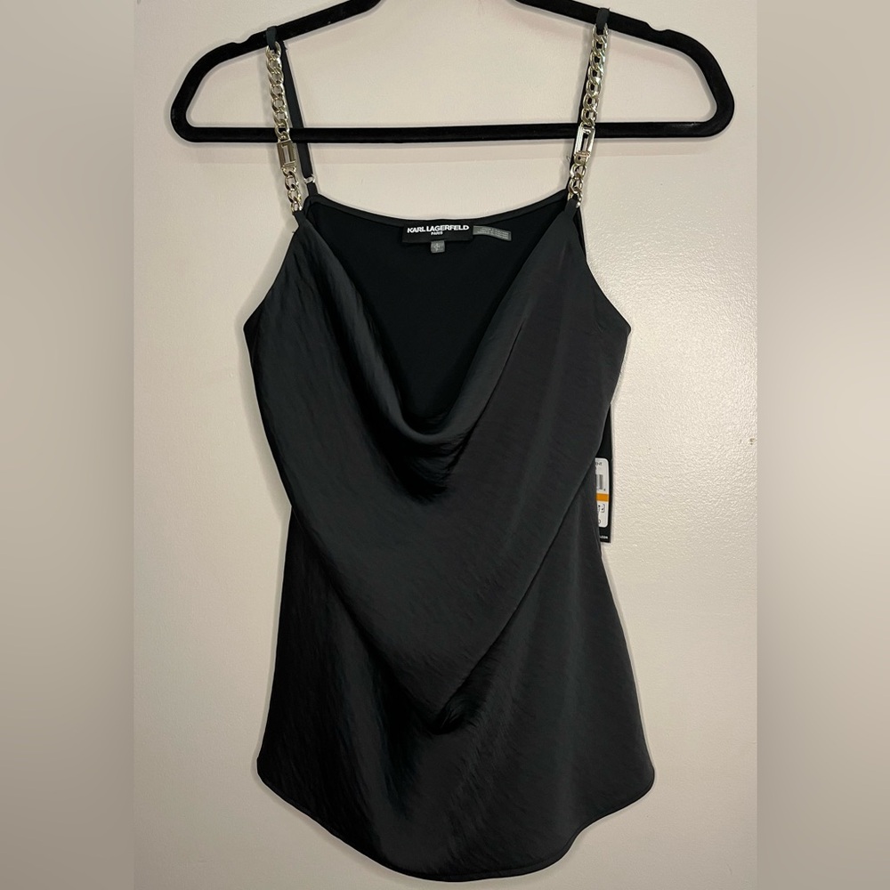 Karl Lagerfeld Black Blouse with Gold Chain Accents